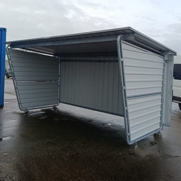 Fietsoverkapping met zij en achterwand direct kopen Fietsoverkapping Siegen zijaanzicht staal fiets overkapping weerbestendig industrieel terrein